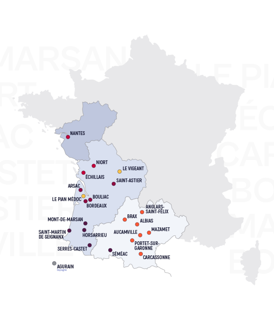 Carte de l'ensemble de nos sites de récupération et d'enlèvement de véhicules de particuliers et professionnels sur tous l'ouest de la France (à proximité de Bordeaux, Bayonne, Toulouse et Nantes)